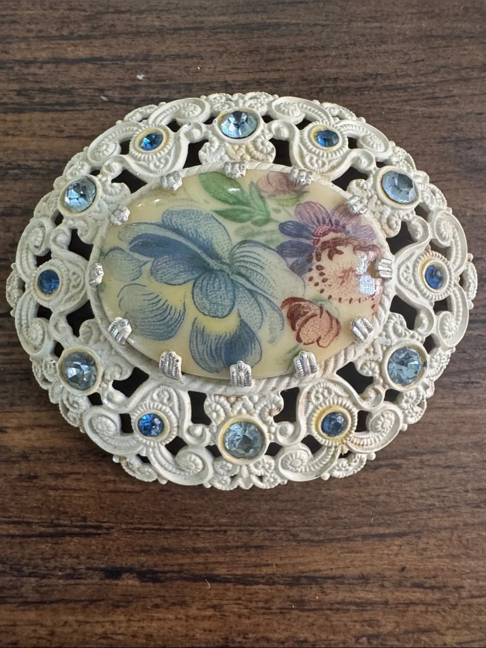 Vintage West Germany White Filigree Floral Brooch Pin